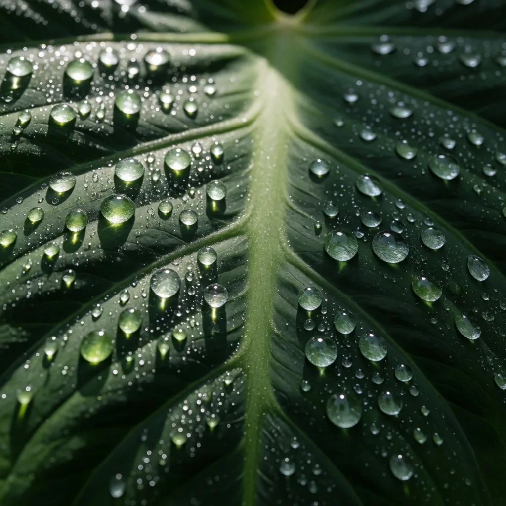 Macro view of dew on a tropical leaf