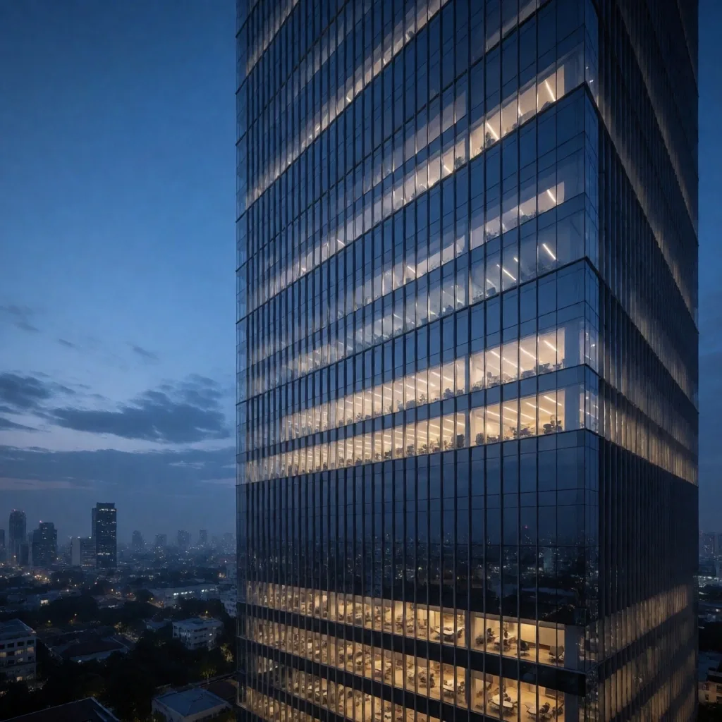 Modern office building in Jakarta at dusk