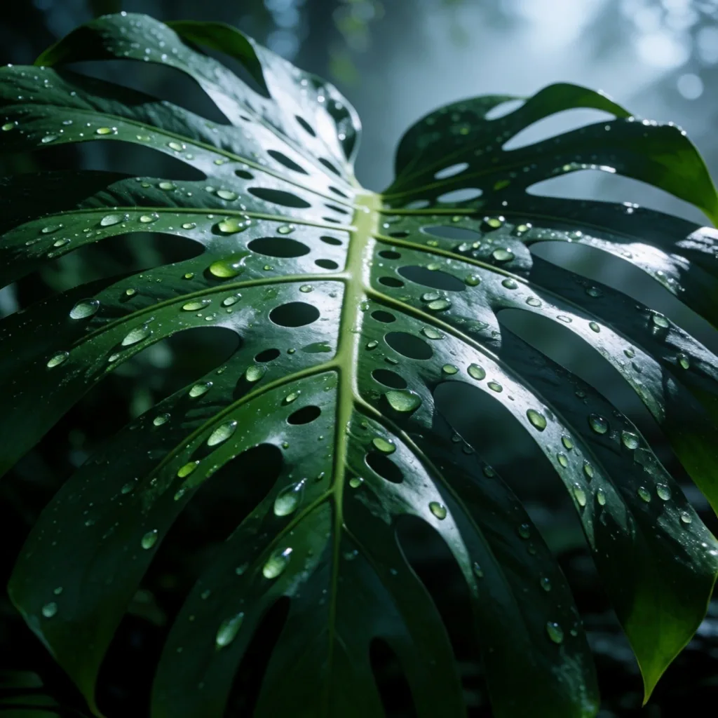 Dew-covered tropical leaf at dawn in an Indonesian botanical garden