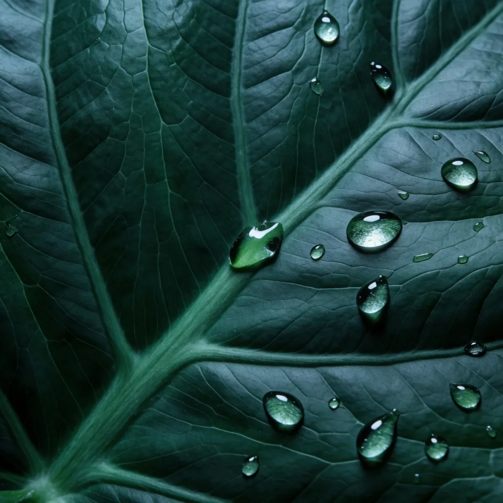 Macro detail of leaf vein patterns with water droplets