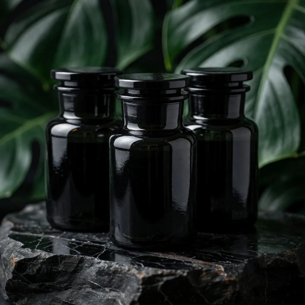 Collection of botanical supplement jars on dark surface