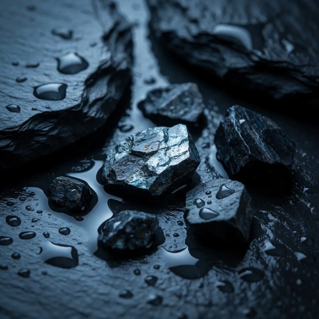 Dark mineral specimens on wet slate surface