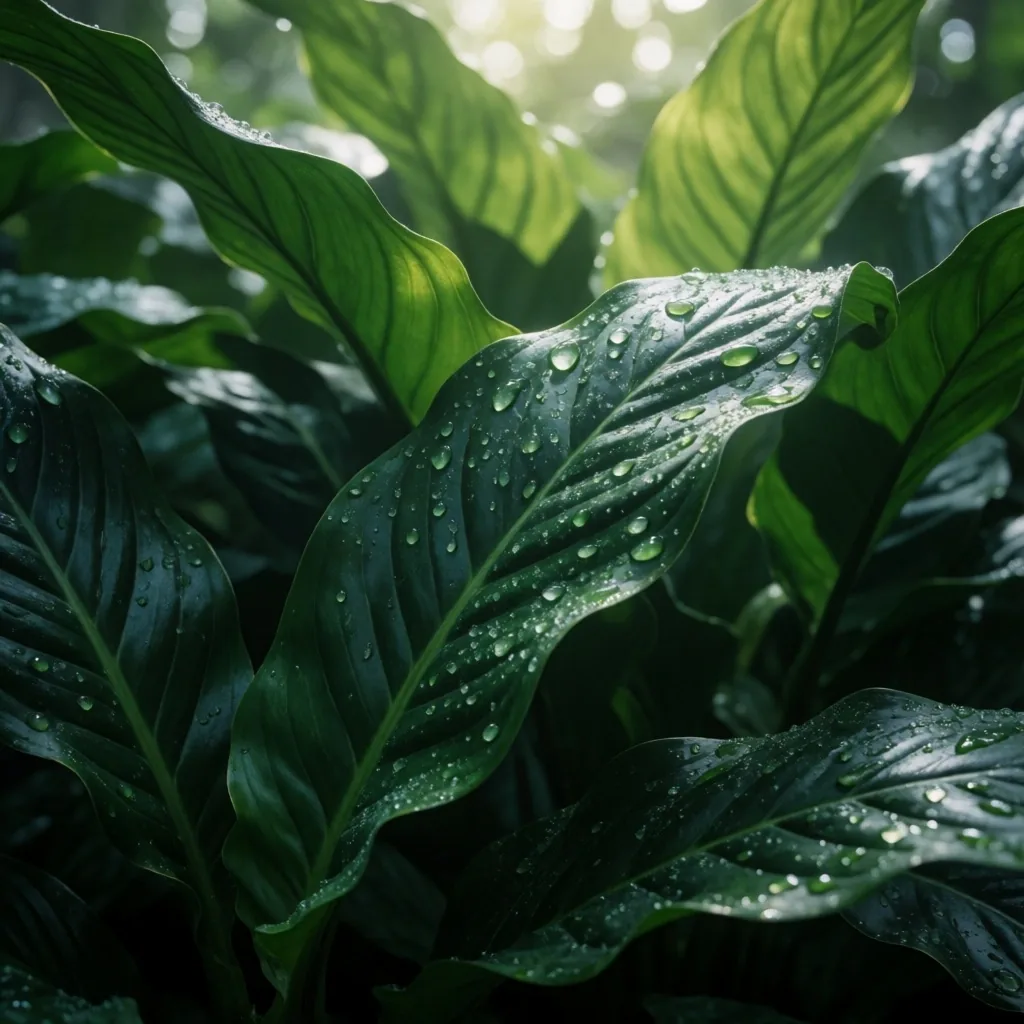 Dewdrops on a deep green tropical leaf at dawn