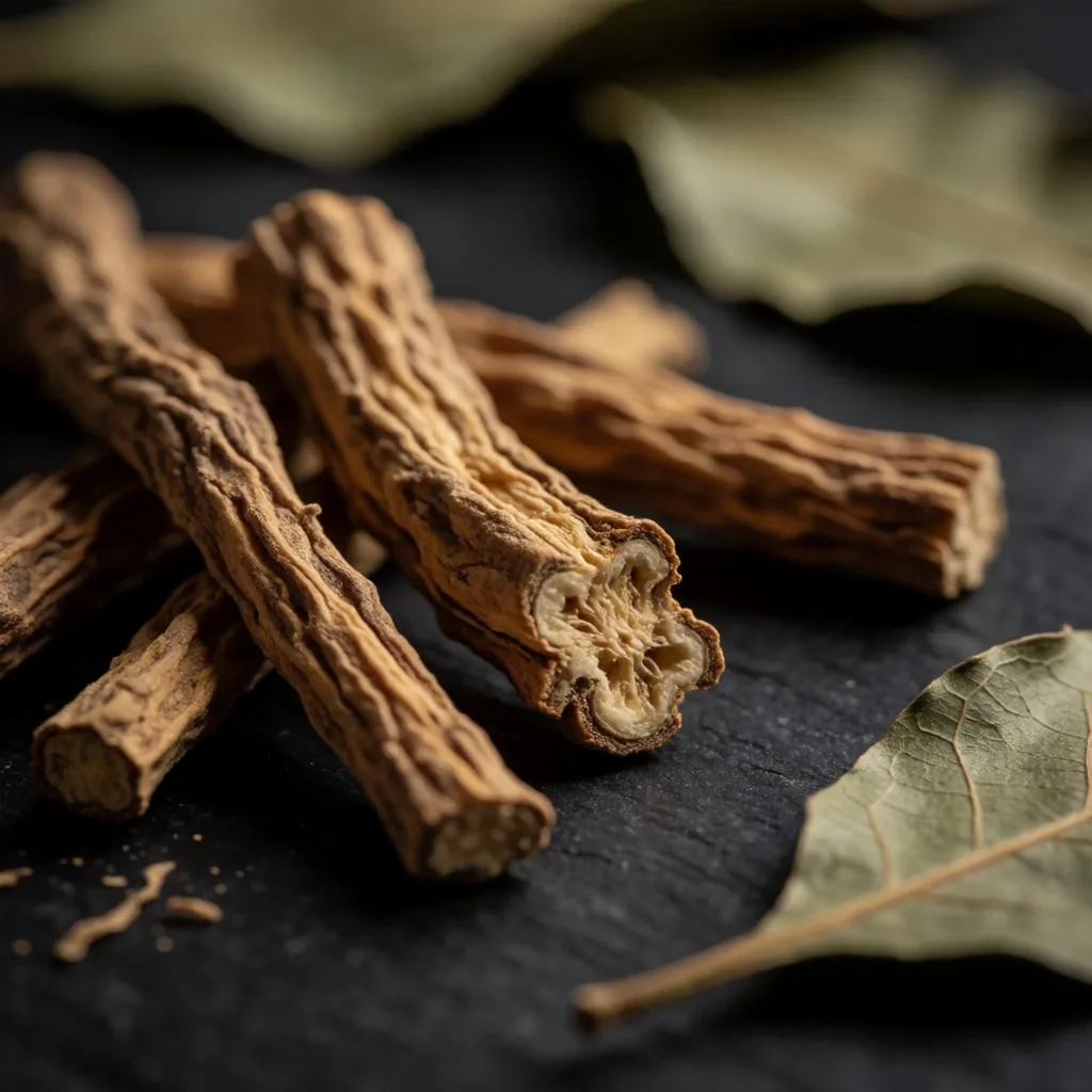 Dried botanical roots and leaves on a dark surface