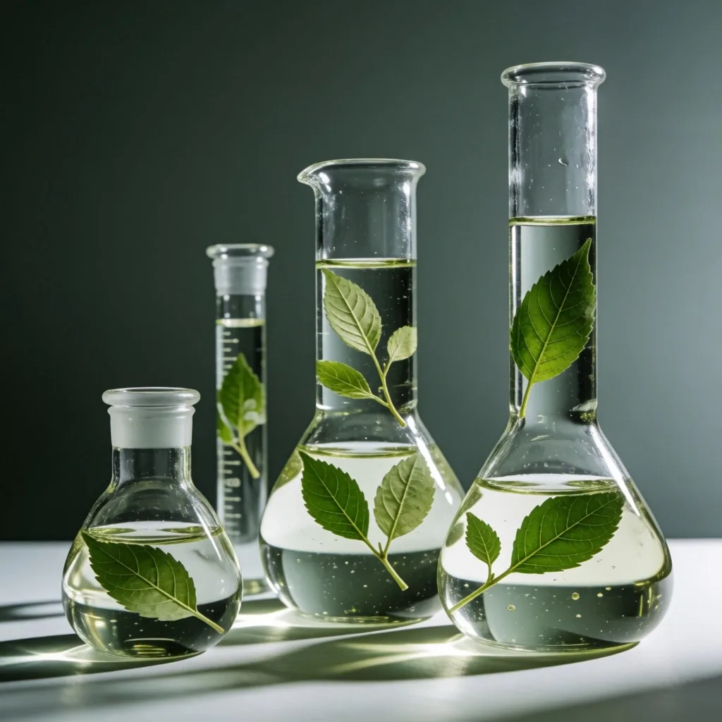 Glass laboratory vessel containing herbal infusion