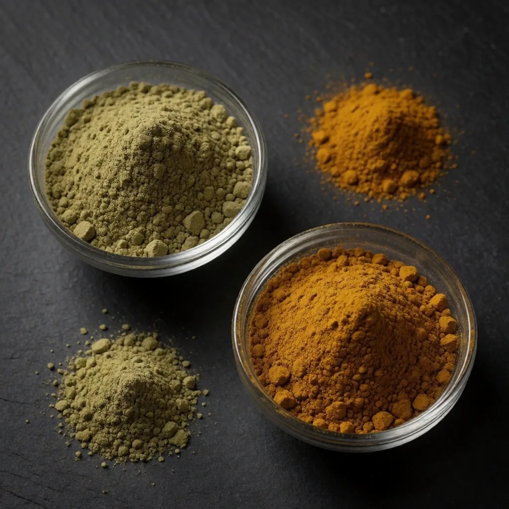 Powdered herbal extracts in glass bowls