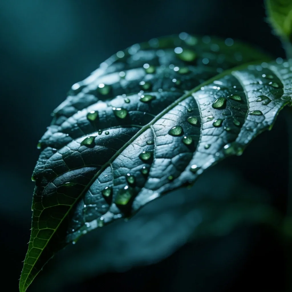 Botanical leaf detail with dew drops