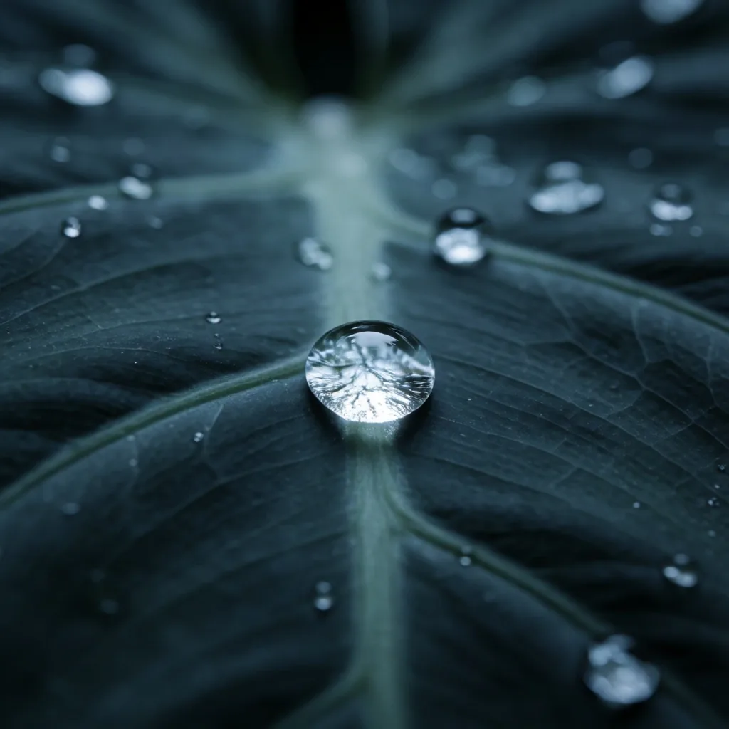 Dewdrop on a dark tropical leaf vein
