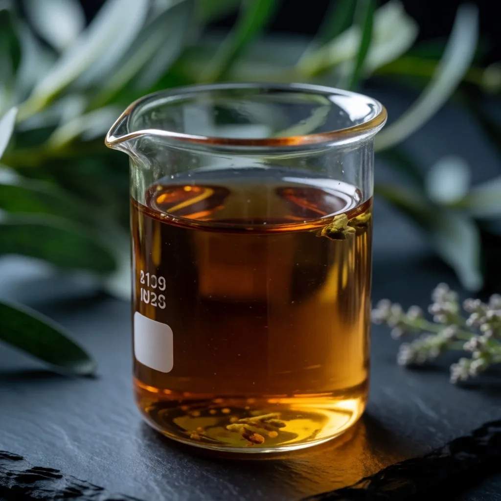Glass beaker with herbal infusion on a dark surface