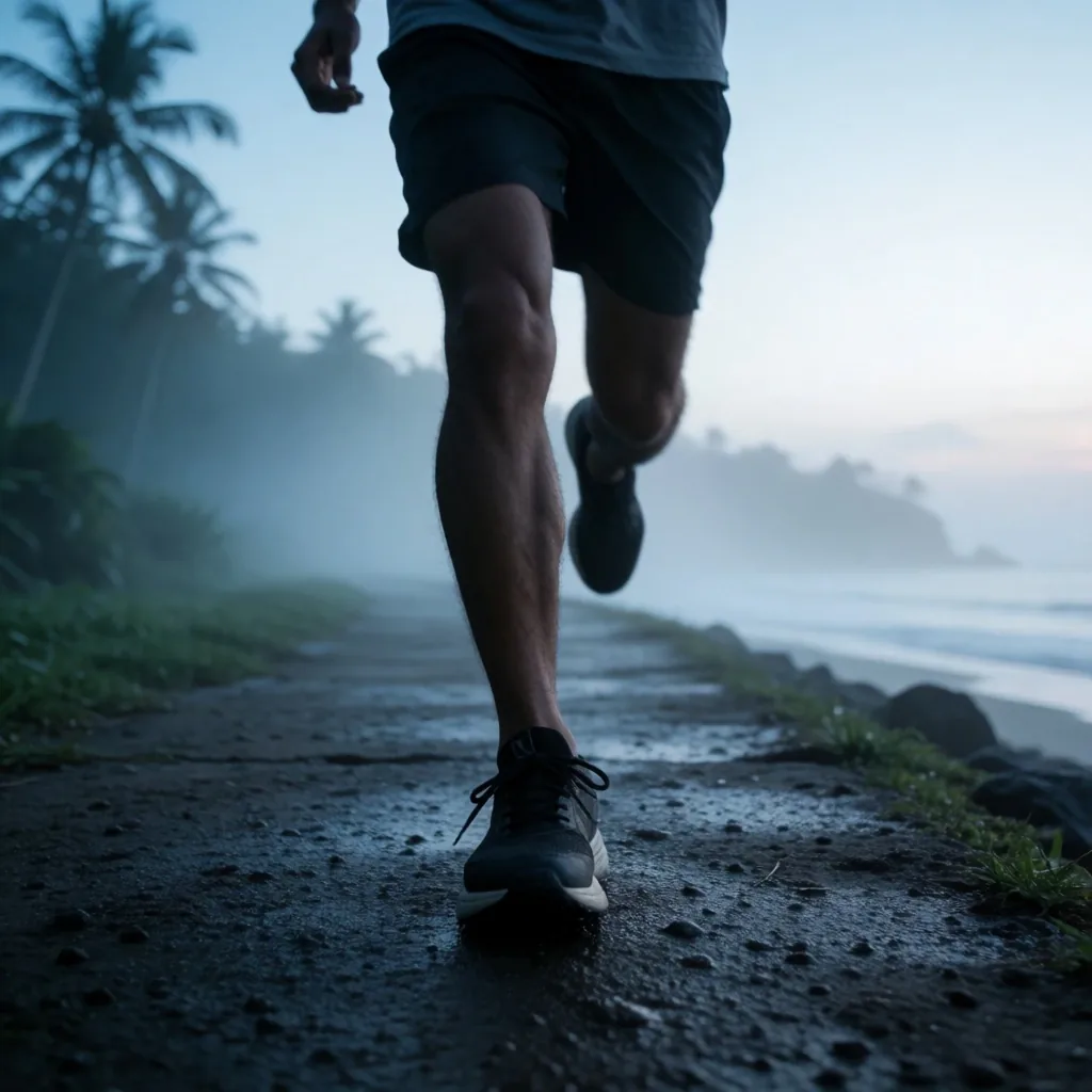 Running shoes on wet pavement at dawn